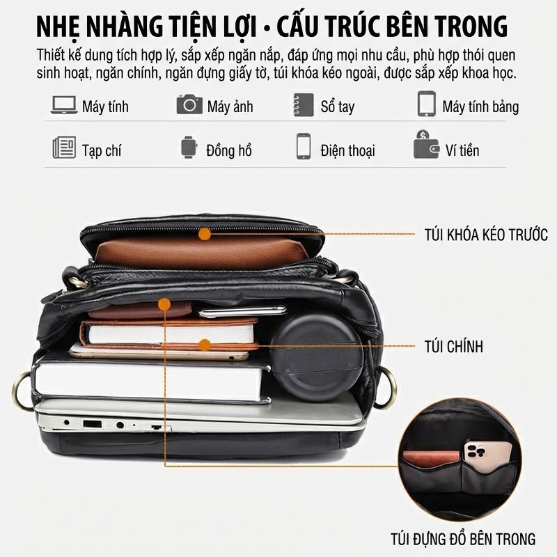 Balo Da Bò Đeo Vai/Đeo Chéo/Đeo Lưng Đa Năng, Chống Nước, Chống Sốc Màu Đen