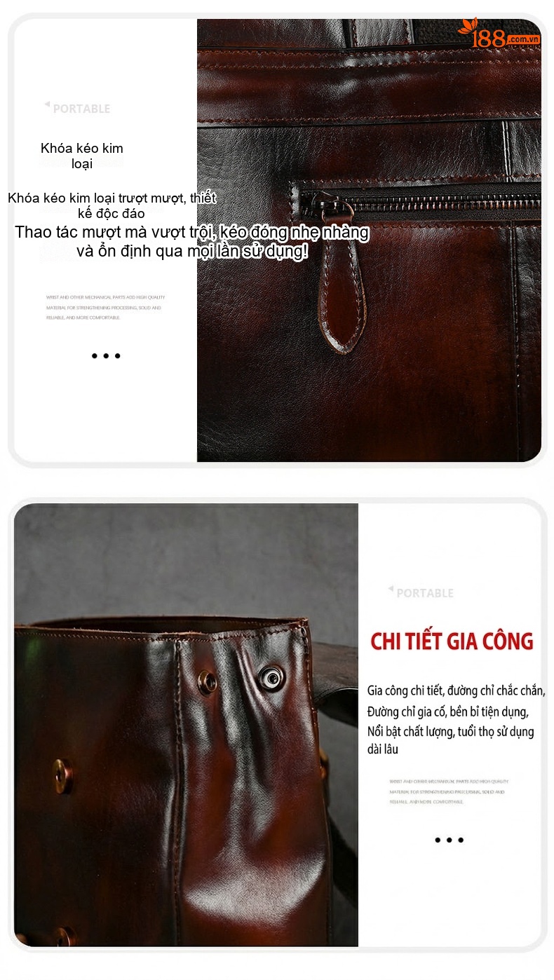Balo Da Bò Đựng Laptop 14 Inch Phong Cách Vintage Màu Nâu chi tiết 11