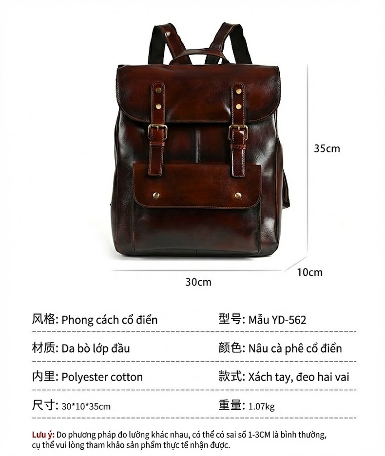 Balo Da Bò Đựng Laptop 14 Inch Phong Cách Vintage Màu Nâu chi tiết 3
