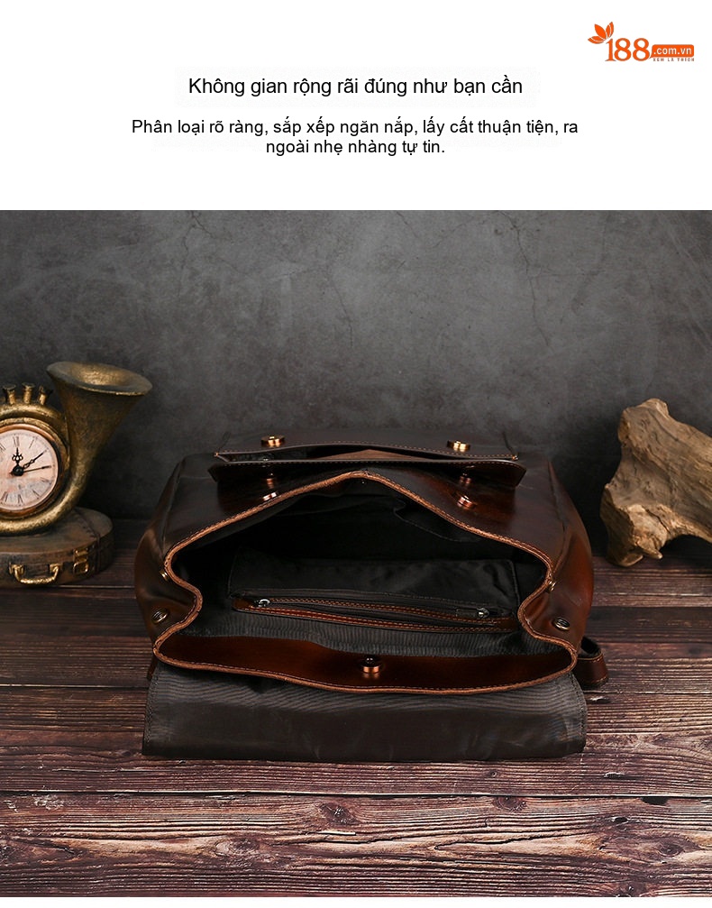 Balo Da Bò Đựng Laptop 14 Inch Phong Cách Vintage Màu Nâu chi tiết 8