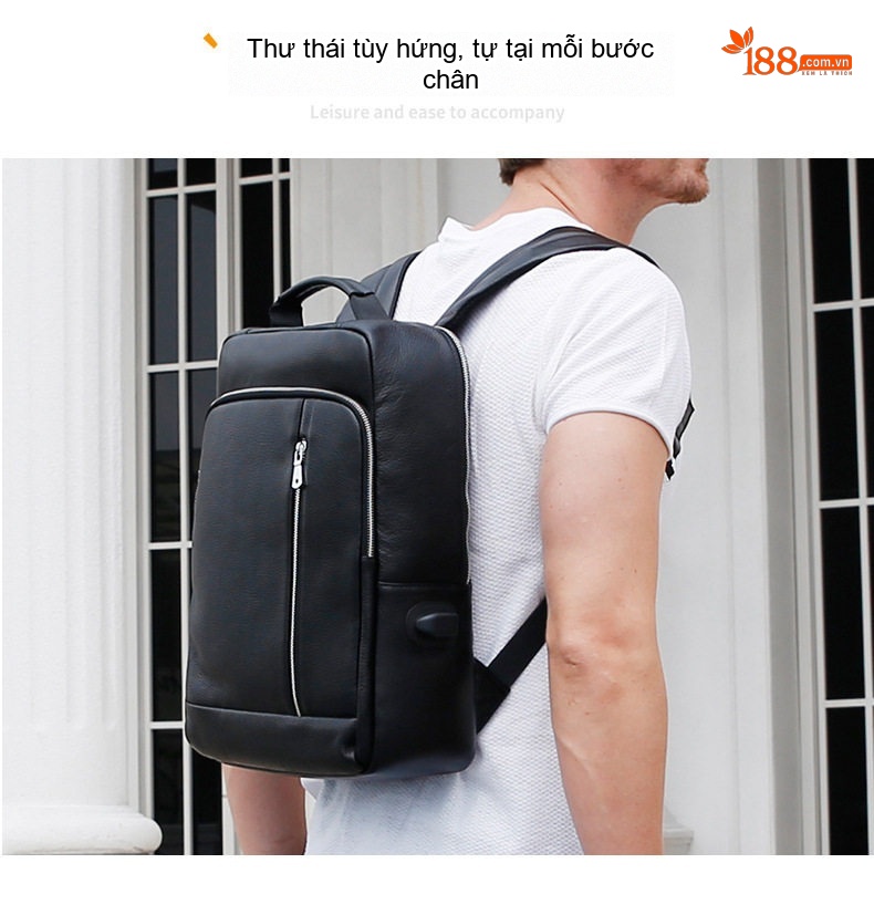 Balo Da Bò Đựng Laptop 15.6 inch Chống Sốc Chống Nước Đi Làm Đi Học Du Lịch Màu Đen chi tiết 5