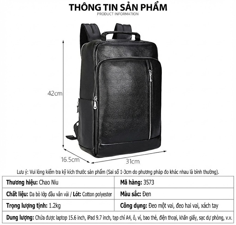 Balo Da Bò Đựng Laptop 15.6 inch Chống Sốc Chống Nước Đi Làm Đi Học Du Lịch Màu Đen chi tiết 9