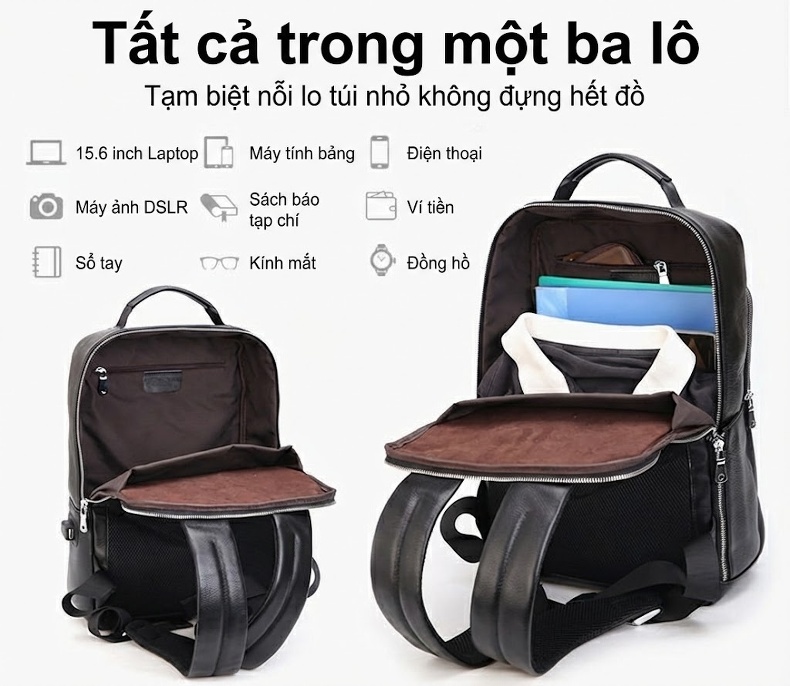 Balo Da Bò Đựng Laptop 15.6 inch Chống Sốc Chống Nước Đi Làm Đi Học Du Lịch Màu Đen chi tiết 11