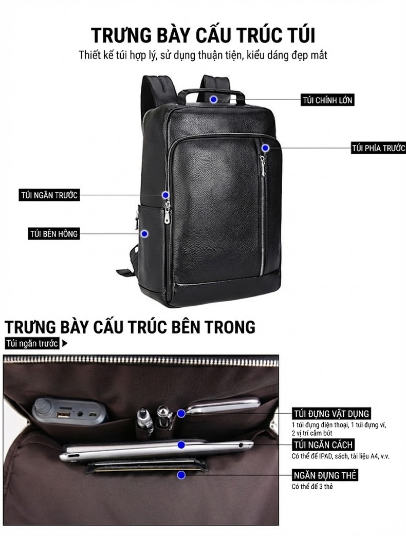 Balo Da Bò Đựng Laptop 15.6 inch Chống Sốc Chống Nước Đi Làm Đi Học Du Lịch Màu Đen chi tiết 12