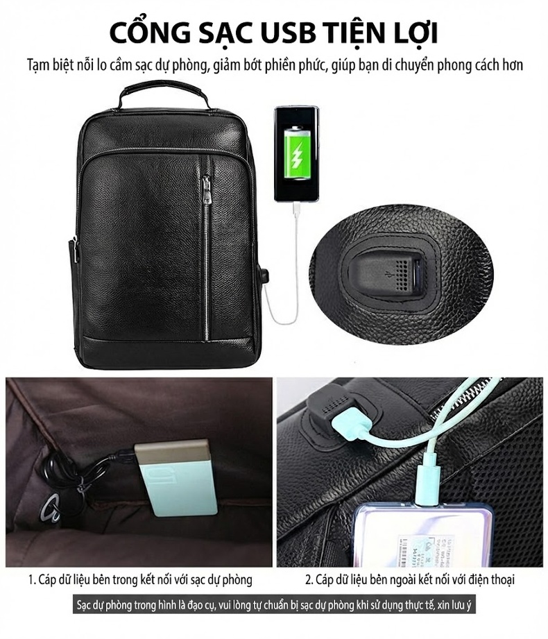 Balo Da Bò Đựng Laptop 15.6 inch Chống Sốc Chống Nước Đi Làm Đi Học Du Lịch Màu Đen chi tiết 13
