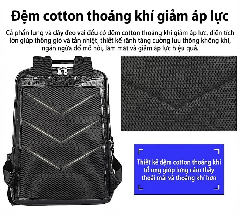 Balo Da Bò Đựng Laptop 15.6 inch Chống Sốc Chống Nước Đi Làm Đi Học Du Lịch Màu Đen chi tiết 15