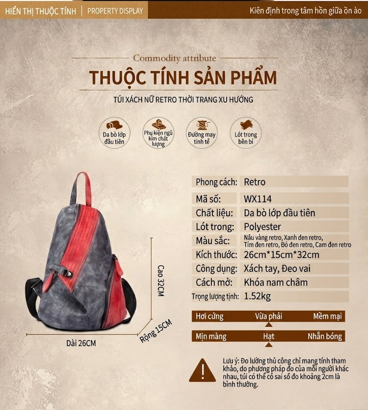 Balo Da Bò Hai Vai Nữ Da Thật Đeo Lưng Phối Màu Cổ Điển Màu Nâu, Cam, Xám, Đỏ chi tiết 1