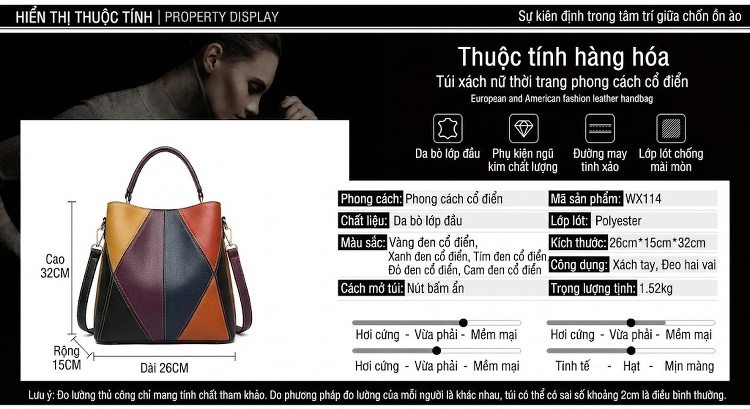 Balo Da Bò Hai Vai Nữ Da Thật Đeo Lưng Phối Màu Cổ Điển Màu Nâu, Cam, Xám, Đỏ chi tiết 28