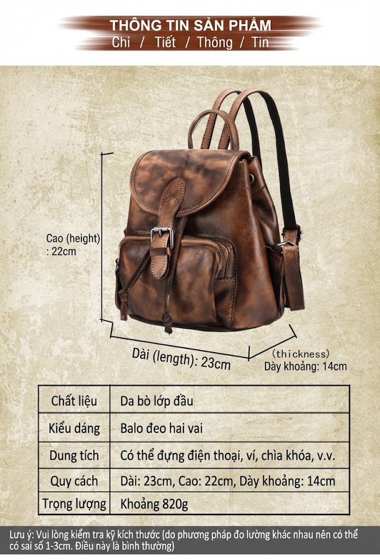 Balo Da Bò Hai Vai Vintage Thủ Công Màu Nâu, Xám chi tiết 2