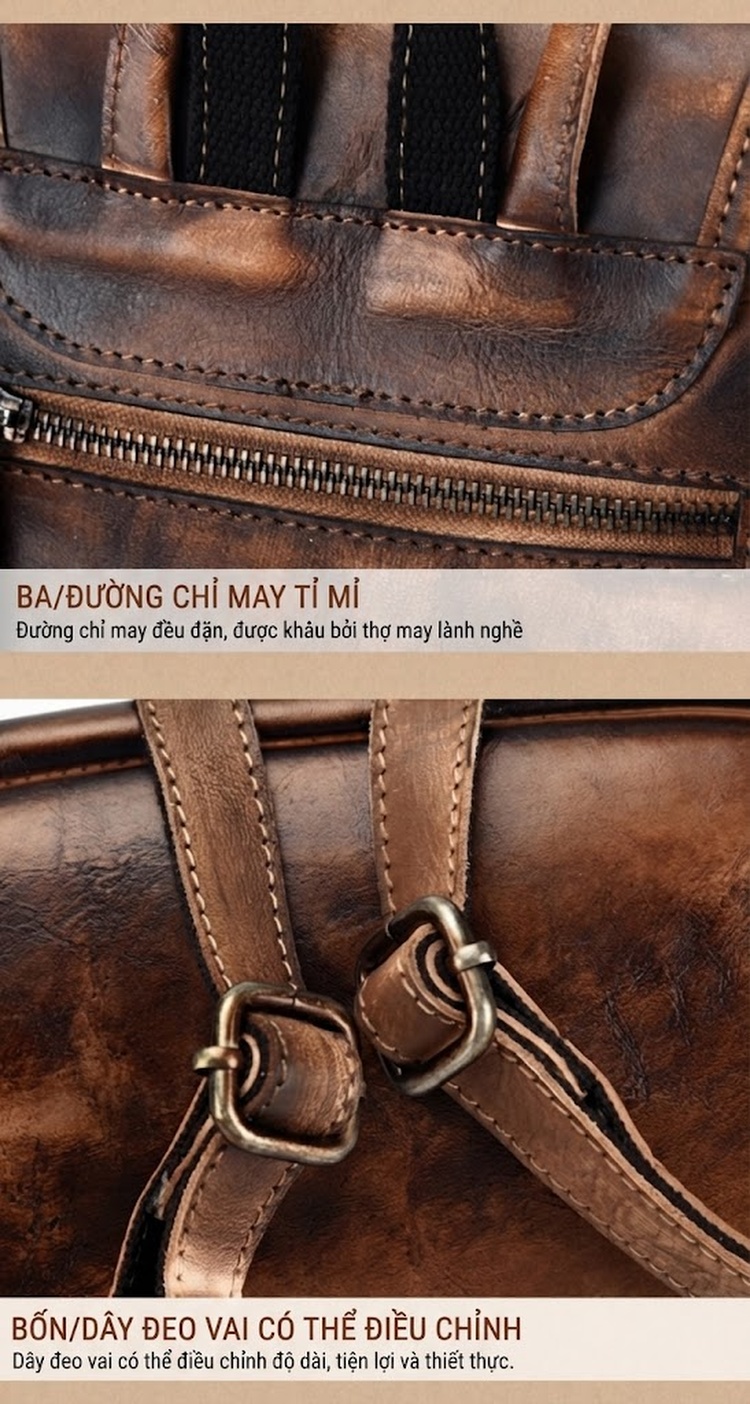 Balo Da Bò Hai Vai Vintage Thủ Công Màu Nâu, Xám chi tiết 12