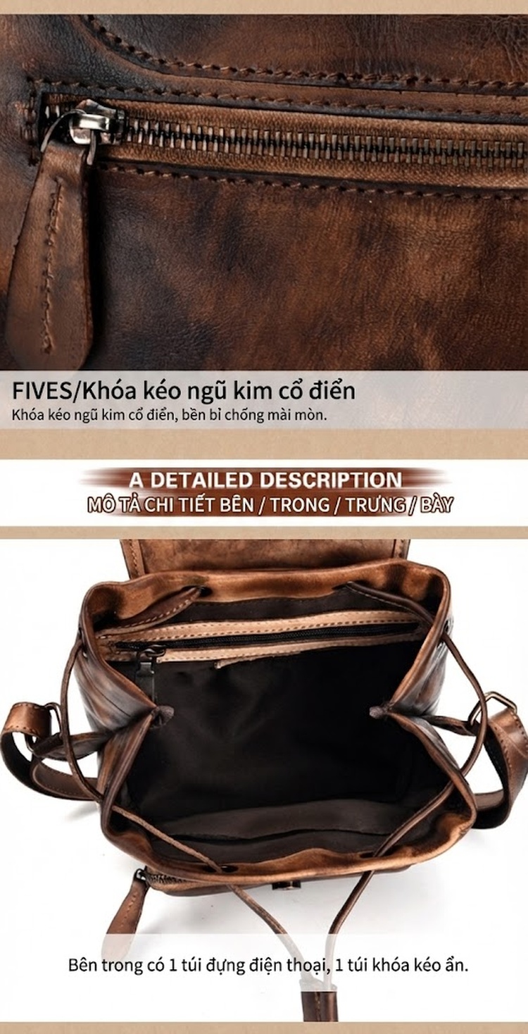 Balo Da Bò Hai Vai Vintage Thủ Công Màu Nâu, Xám chi tiết 13