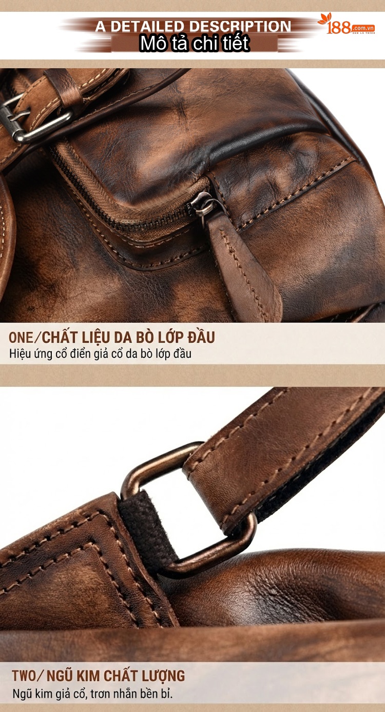 Balo Da Bò Hai Vai Vintage Thủ Công Màu Nâu, Xám chi tiết 11
