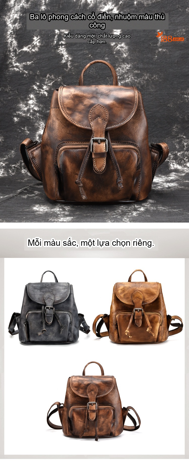 Balo Da Bò Hai Vai Vintage Thủ Công Màu Nâu, Xám chi tiết 1
