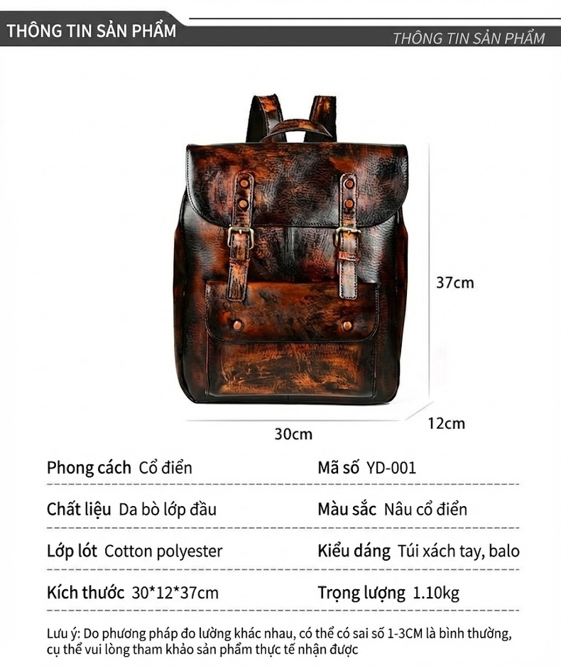 Balo Da Bò Làm Giả Cổ Điển Phong Cách Unisex chi tiết 3