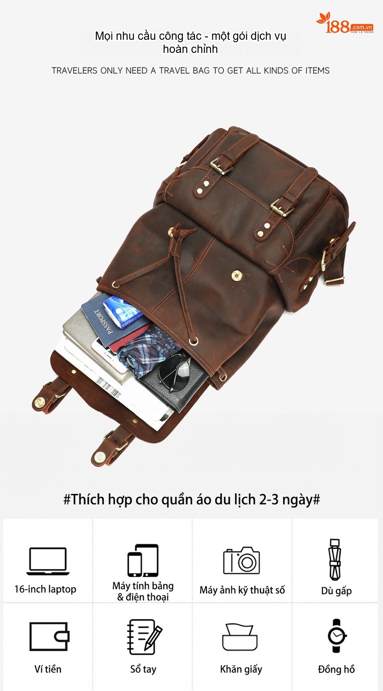 Balo Da Bò Lớn Cổ Điển MASIWEI, Balo Du Lịch Da Thật Màu Nâu chi tiết 6
