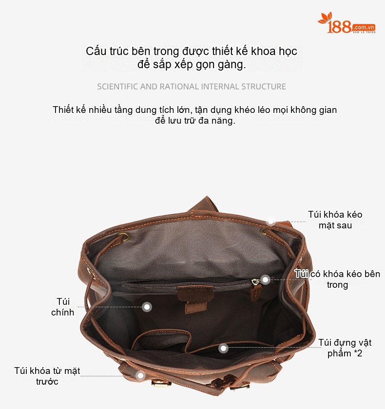 Balo Da Bò Lớn Cổ Điển MASIWEI, Balo Du Lịch Da Thật Màu Nâu chi tiết 7