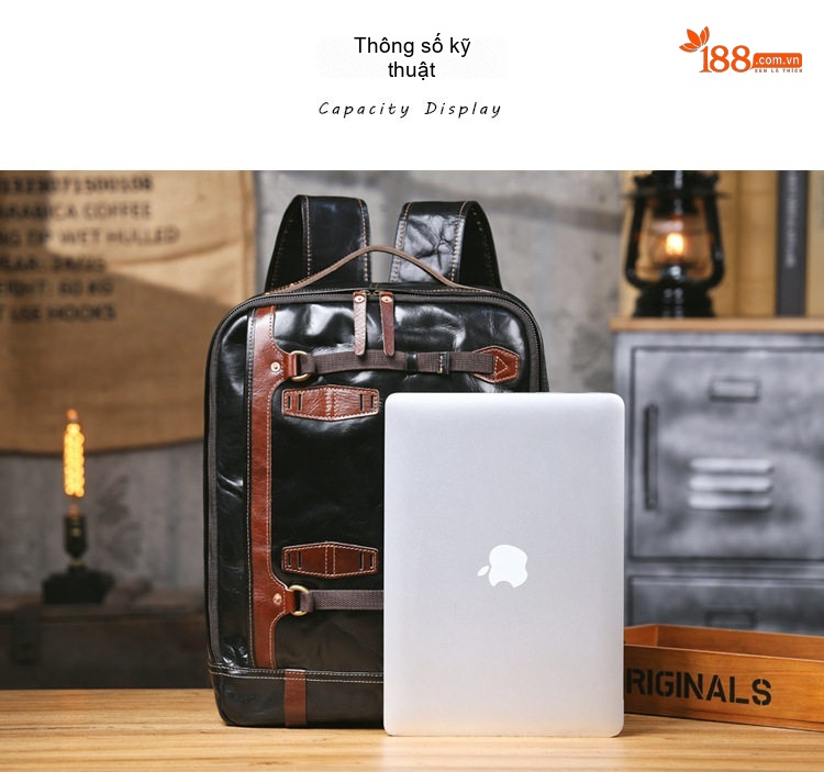 Balo Da Bò Lớn Đựng Laptop 15 Inch Phong Cách Retro Màu Đen, Nâu chi tiết 9