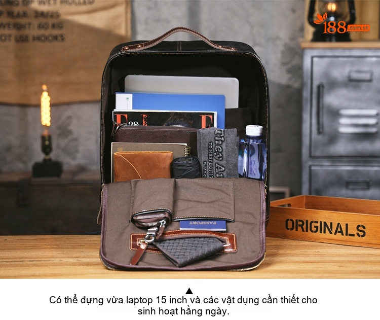 Balo Da Bò Lớn Đựng Laptop 15 Inch Phong Cách Retro Màu Đen, Nâu chi tiết 11