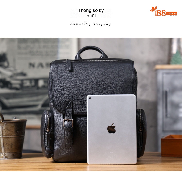 Balo Da Bò Lớn Đựng Laptop Phong Cách Retro Màu Đen chi tiết 11