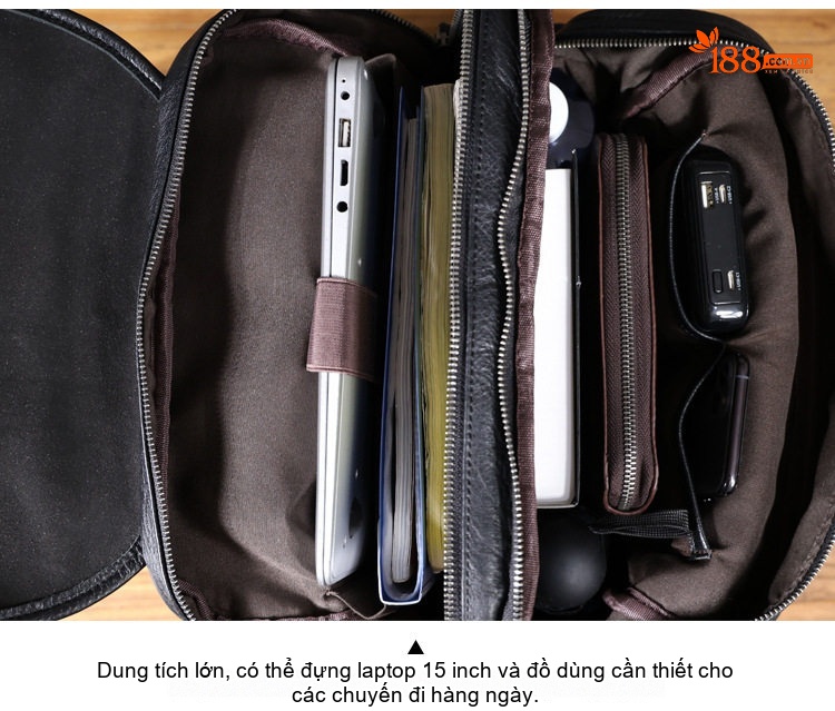 Balo Da Bò Lớn Đựng Laptop Phong Cách Retro Màu Đen chi tiết 13