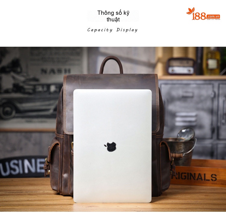 Balo Da Bò Lớp Đầu Dung Tích Lớn Phong Cách Retro Túi Đựng Laptop Du Lịch Màu Nâu chi tiết 10