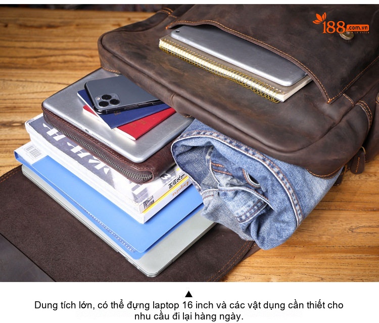 Balo Da Bò Lớp Đầu Dung Tích Lớn Phong Cách Retro Túi Đựng Laptop Du Lịch Màu Nâu chi tiết 12