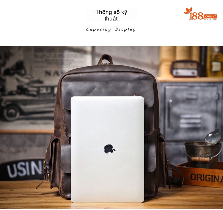 Balo Da Bò Lớp Đầu Tiên Vintage Dung Tích Lớn Đựng Laptop Du Lịch Thủ Công Màu Nâu chi tiết 9