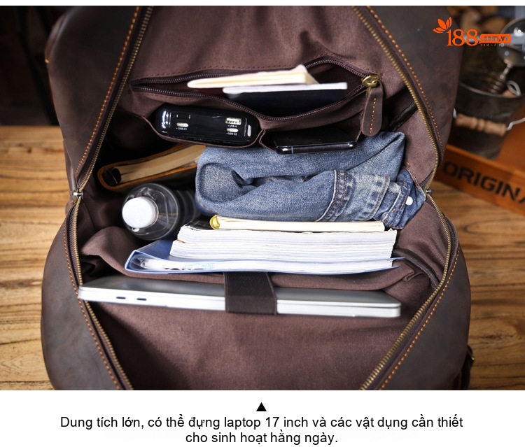 Balo Da Bò Lớp Đầu Tiên Vintage Dung Tích Lớn Đựng Laptop Du Lịch Thủ Công Màu Nâu chi tiết 11