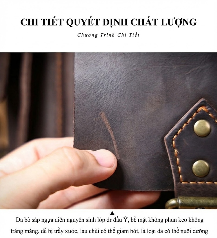 Balo Da Bò Lớp Đầu Tiên Vintage Dung Tích Lớn Đựng Laptop Du Lịch Thủ Công Màu Nâu chi tiết 12