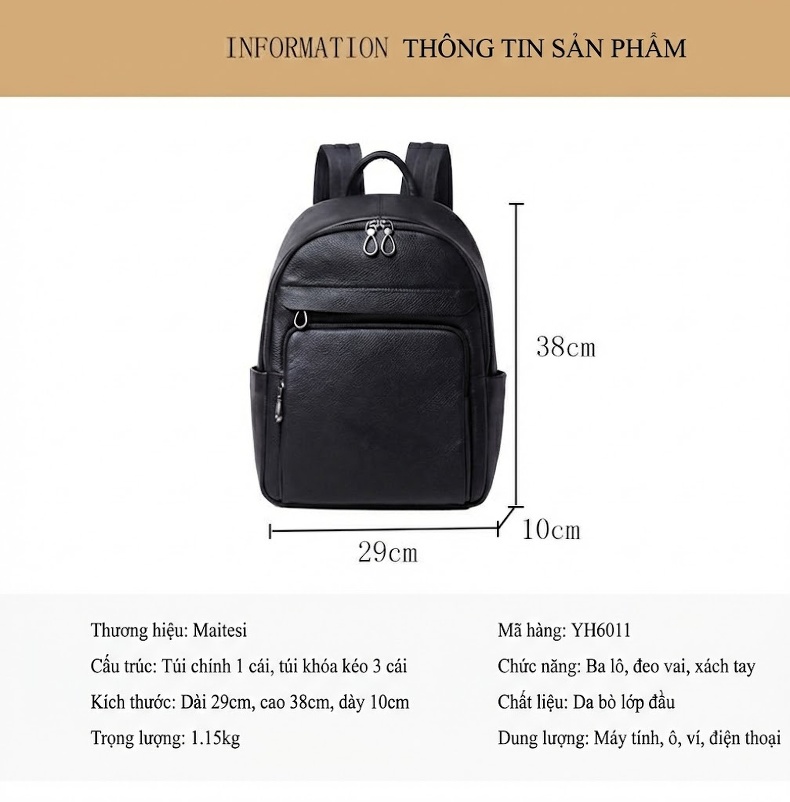 Balo Da Bò Nam Cao Cấp, Balo Da Thật Thời Trang, Balo Du Lịch, Balo Đựng Laptop Màu Đen chi tiết 10