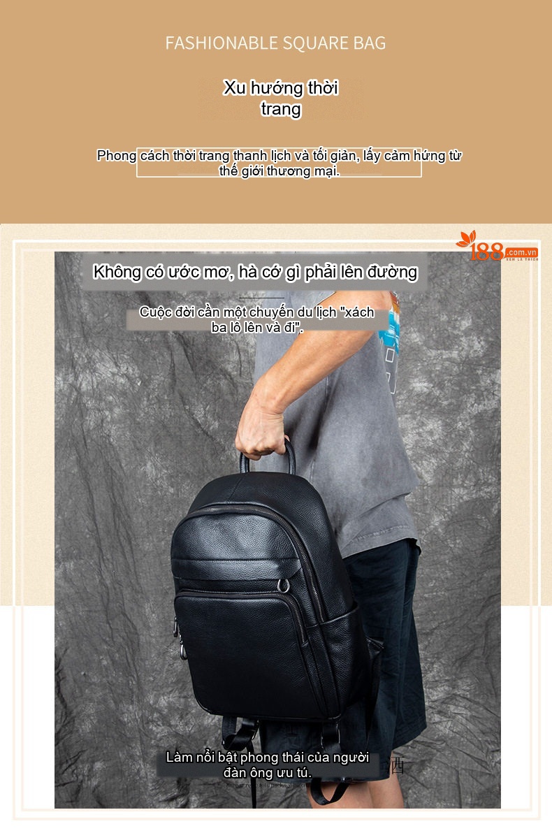 Balo Da Bò Nam Cao Cấp, Balo Da Thật Thời Trang, Balo Du Lịch, Balo Đựng Laptop Màu Đen chi tiết 3