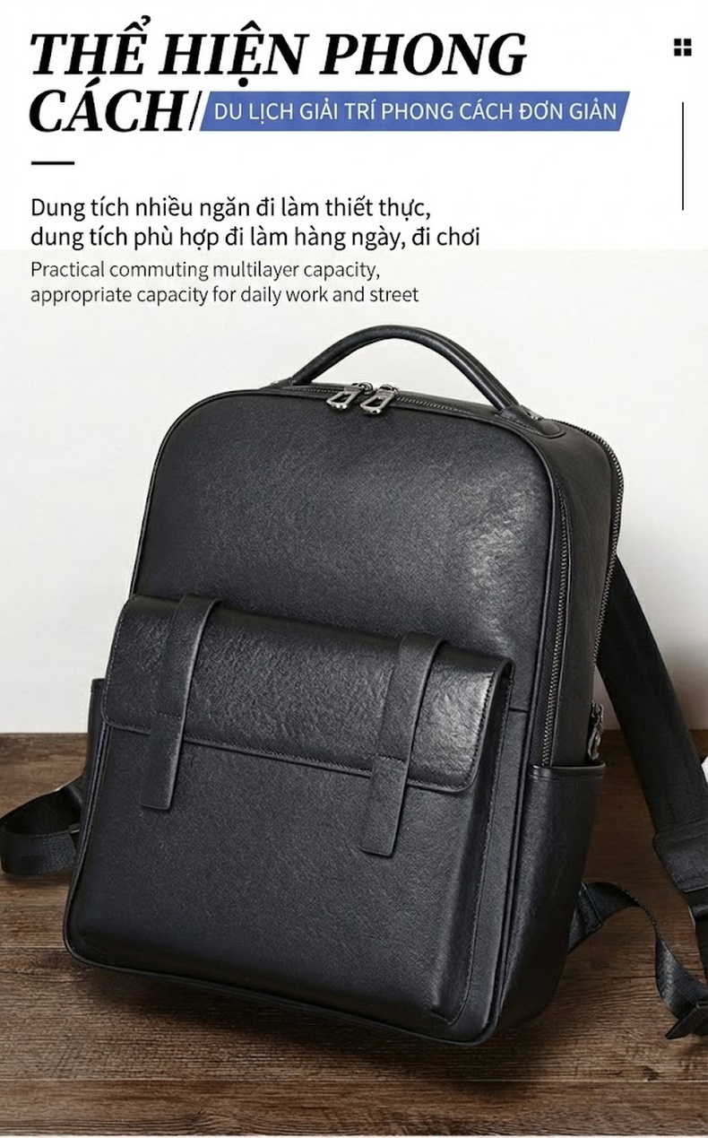 Balo Da Bò Nam Cao Cấp Đựng Laptop Công Sở Màu Đen chi tiết 4