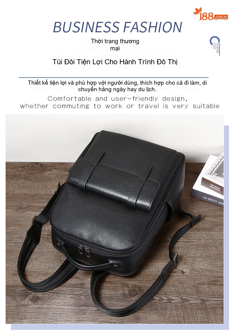 Balo Da Bò Nam Cao Cấp Đựng Laptop Công Sở Màu Đen chi tiết 5