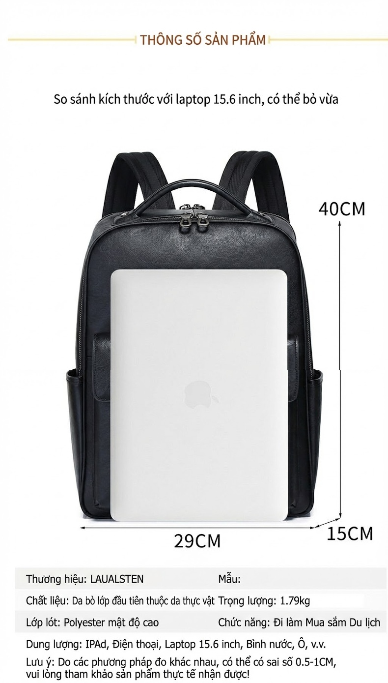 Balo Da Bò Nam Cao Cấp Đựng Laptop Công Sở Màu Đen chi tiết 15