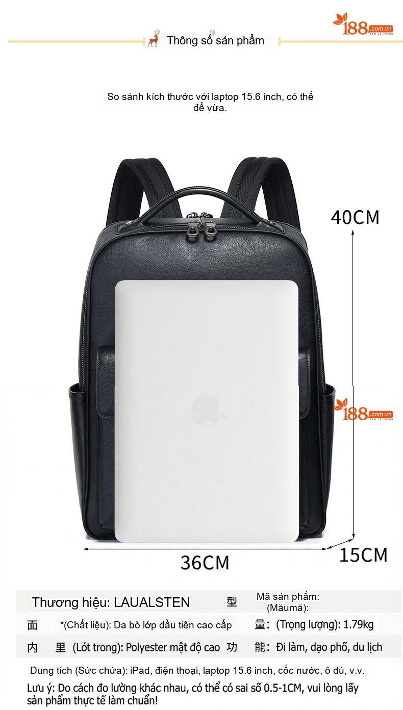 Balo Da Bò Nam Cao Cấp Đựng Laptop Công Sở Màu Đen chi tiết 29
