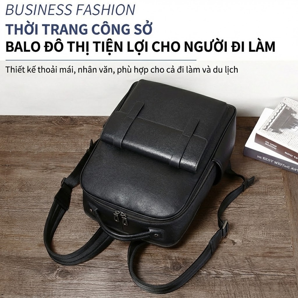 Balo Da Bò Nam Cao Cấp Đựng Laptop Công Sở Màu Đen