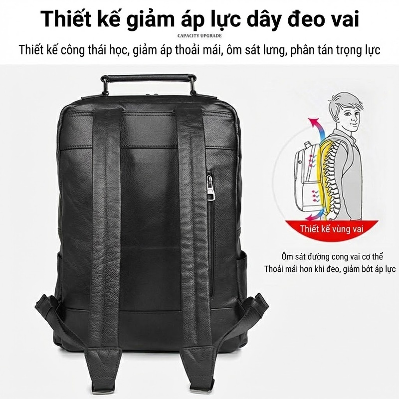 Balo Da Bò Nam Cao Cấp Đựng Laptop, Đi Học, Du Lịch Màu Đen