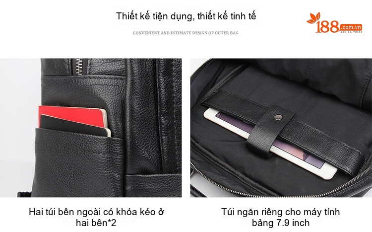 Balo Da Bò Nam Cao Cấp Đựng Laptop, Đi Học, Du Lịch Màu Đen chi tiết 8