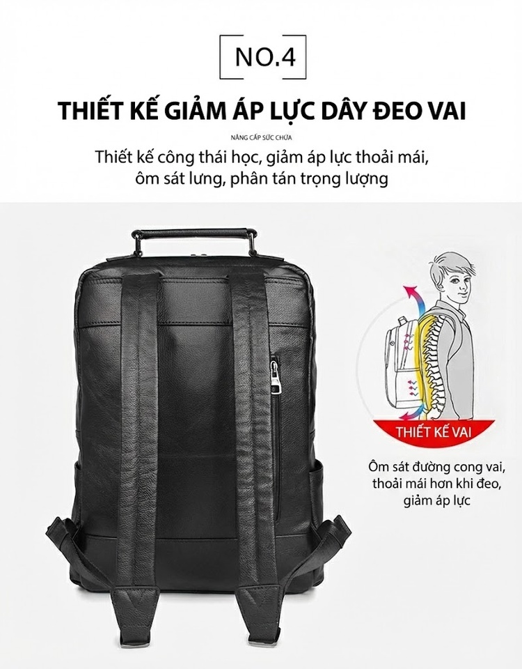 Balo Da Bò Nam Cao Cấp Đựng Laptop, Đi Học, Du Lịch Màu Đen chi tiết 9