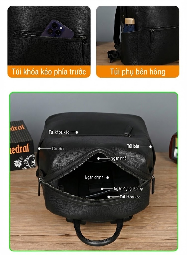 Balo Da Bò Nam Cao Cấp Đựng Laptop Phong Cách Thời Trang Màu Đen chi tiết 9