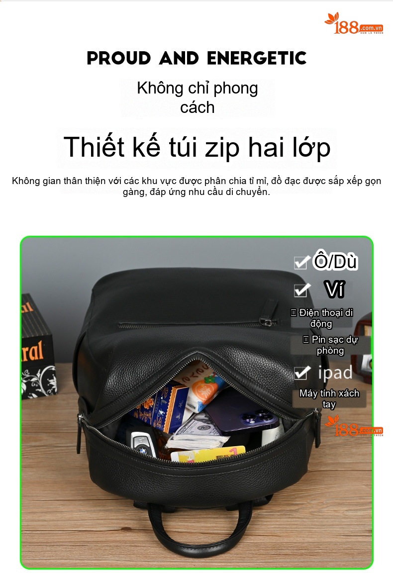 Balo Da Bò Nam Cao Cấp Đựng Laptop Phong Cách Thời Trang Màu Đen chi tiết 8
