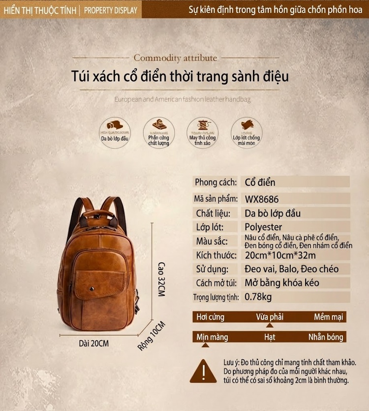 Balo Da Bò Nam Đa Năng Nhiều Ngăn Lớn Cao Cấp Màu Nâu, Đen chi tiết 2