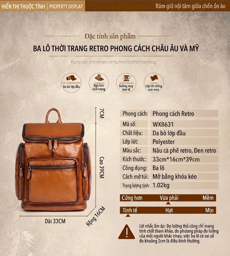 Balo Da Bò Nam Đa Năng Nhiều Ngăn Lớn Cao Cấp Màu Nâu, Đen chi tiết 2