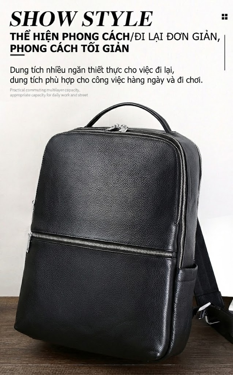 Balo Da Bò Nam Đa Năng USB Công Sở Phong Cách Thời Trang, Balo Đeo Vai Lớn Màu Đen chi tiết 4