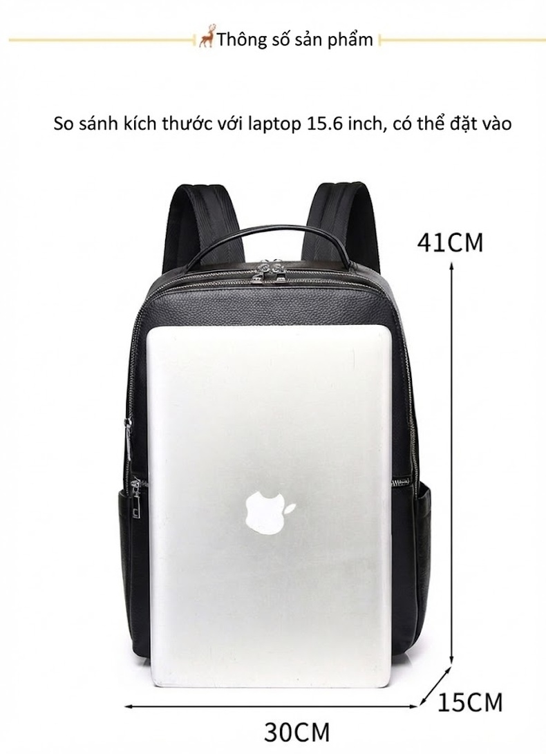 Balo Da Bò Nam Đa Năng USB Công Sở Phong Cách Thời Trang, Balo Đeo Vai Lớn Màu Đen chi tiết 14