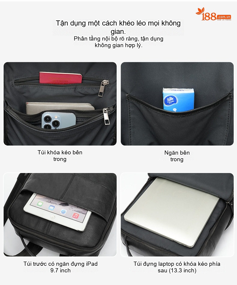 Balo Da Bò Nam Đựng Laptop Đi Học Đi Làm Thời Trang Màu Đen chi tiết 20