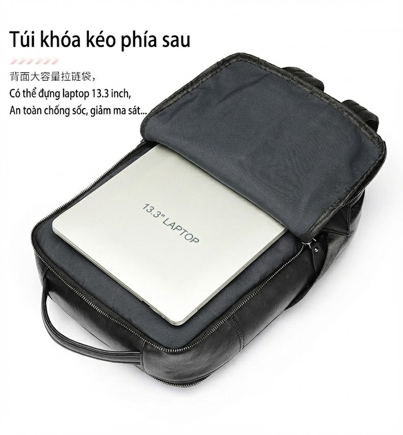 Balo Da Bò Nam Đựng Laptop Đi Học Đi Làm Thời Trang Màu Đen chi tiết 22