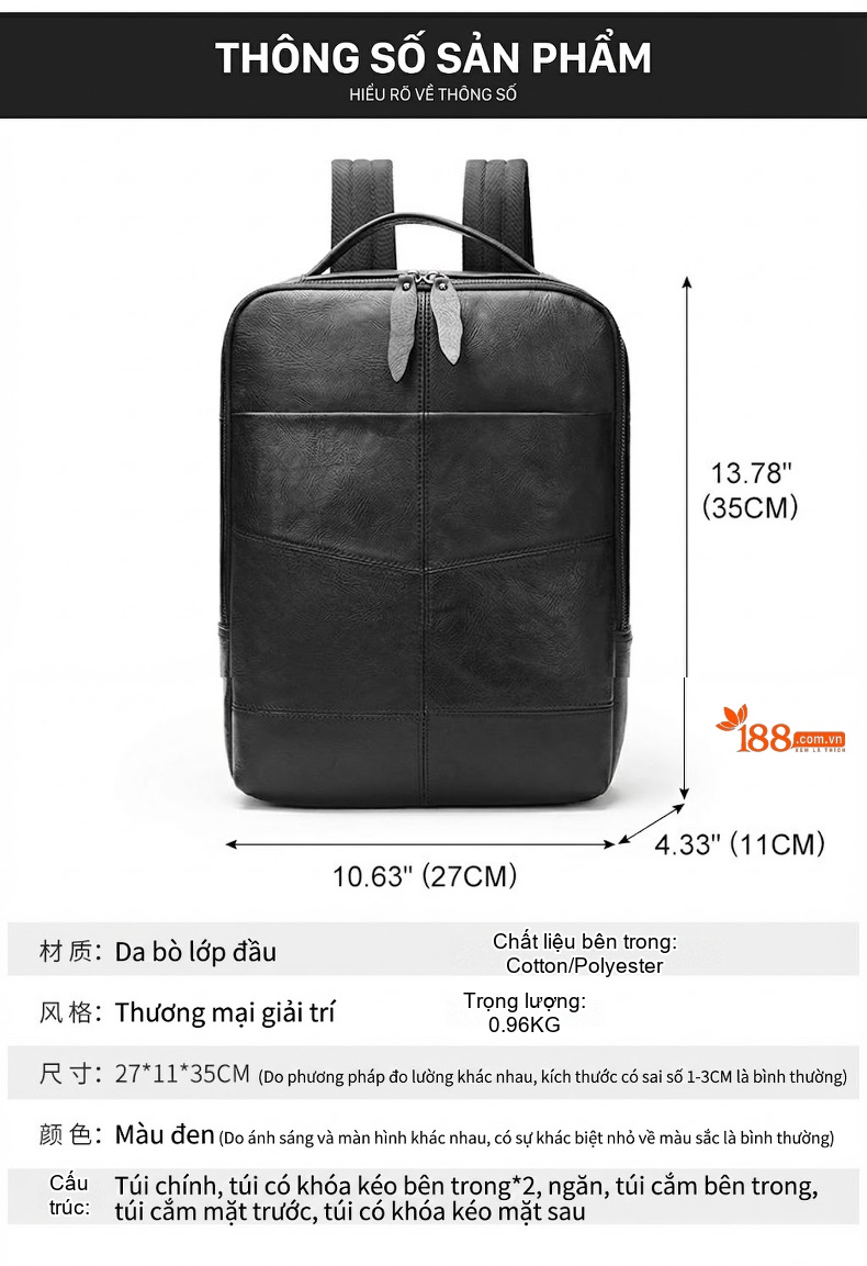 Balo Da Bò Nam Đựng Laptop Đi Học Đi Làm Thời Trang Màu Đen chi tiết 14