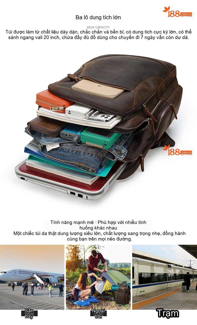Balo da bò nam đựng laptop du lịch công sở thiết kế đơn giản chi tiết 14