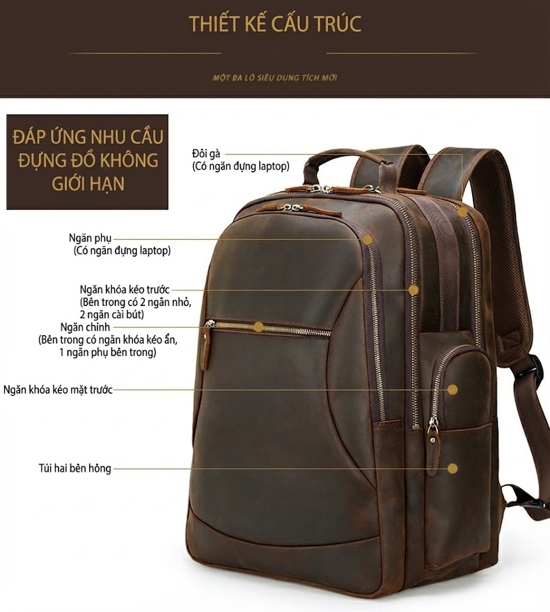 Balo da bò nam đựng laptop du lịch công sở thiết kế đơn giản chi tiết 11